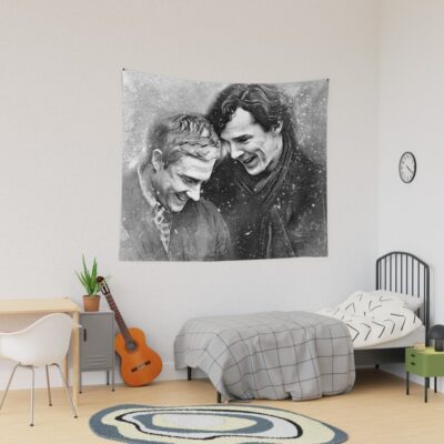 Sherlock Johnlock Laughing In The Snow Tapestry